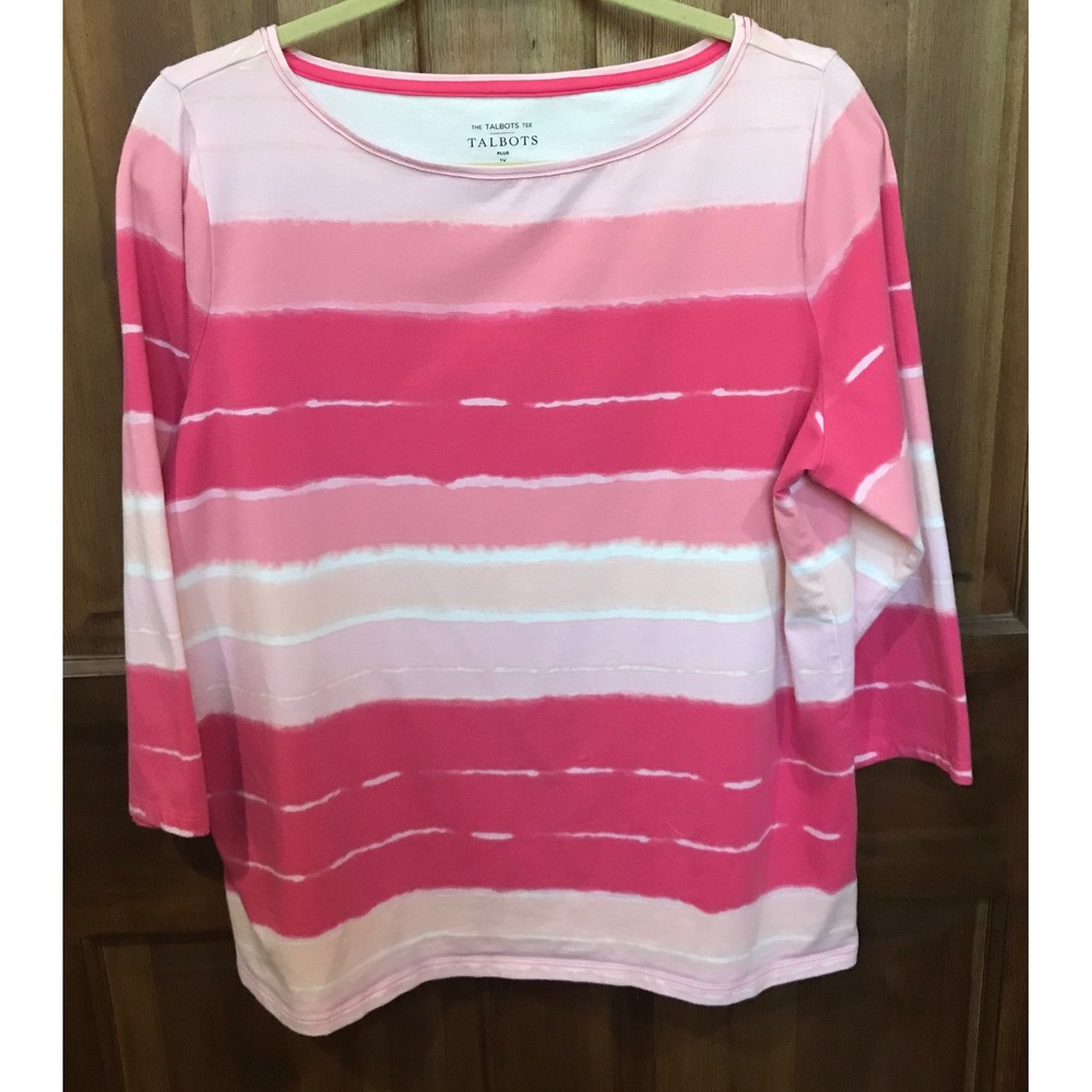 Talbots Tee Plus 1X Pink Striped 3/4 Sleeve Boat Neck Cotton Stretch Top